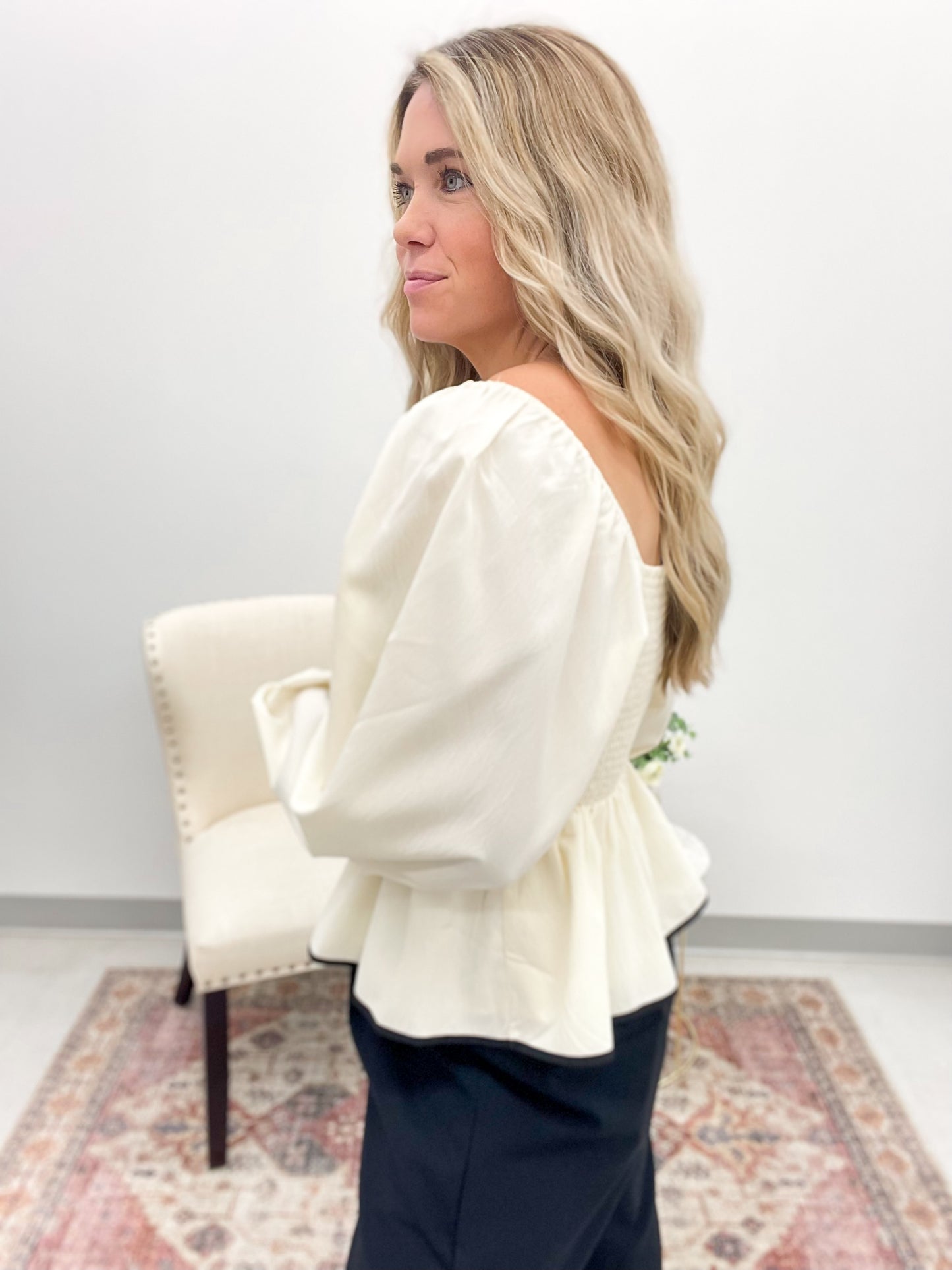 Sweet To Me Bow Detail Peplum Top Cream/Black