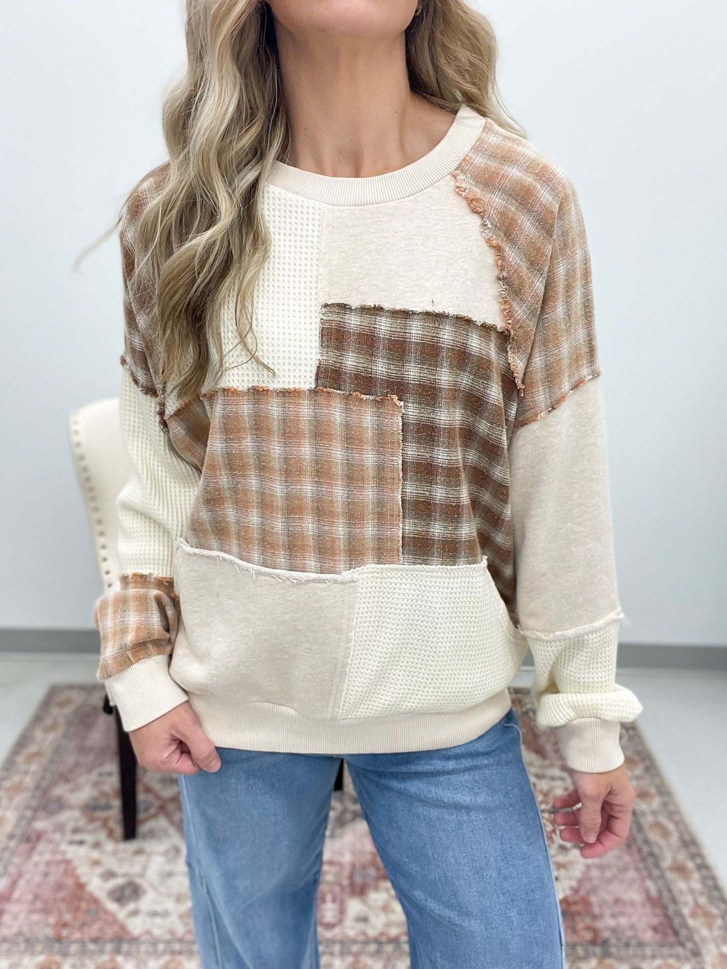 Stay Together Patchwork Mineral Wash Pullover Oatmeal