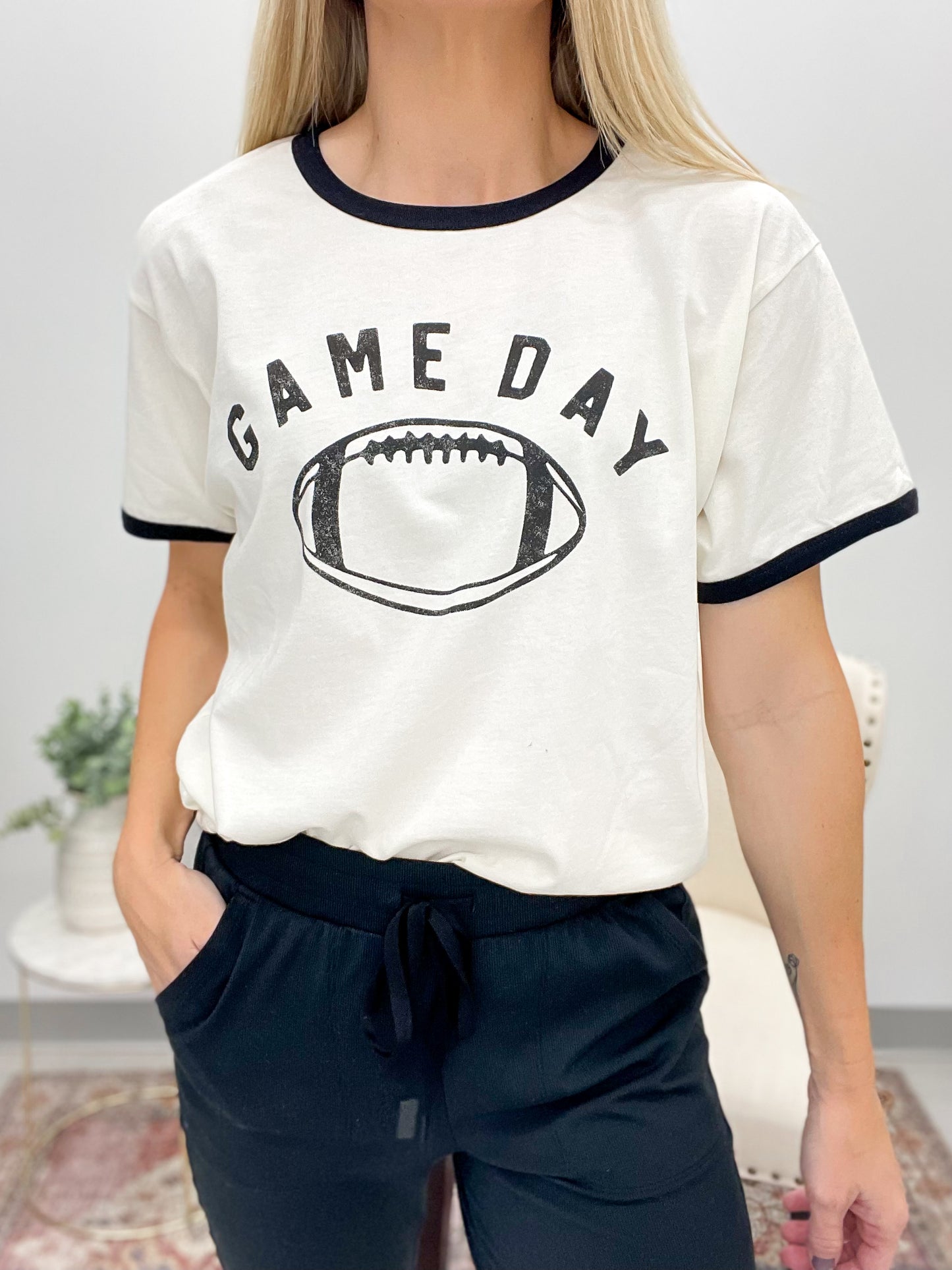 Game Day Football Ringer Graphic Tee Cream M, L