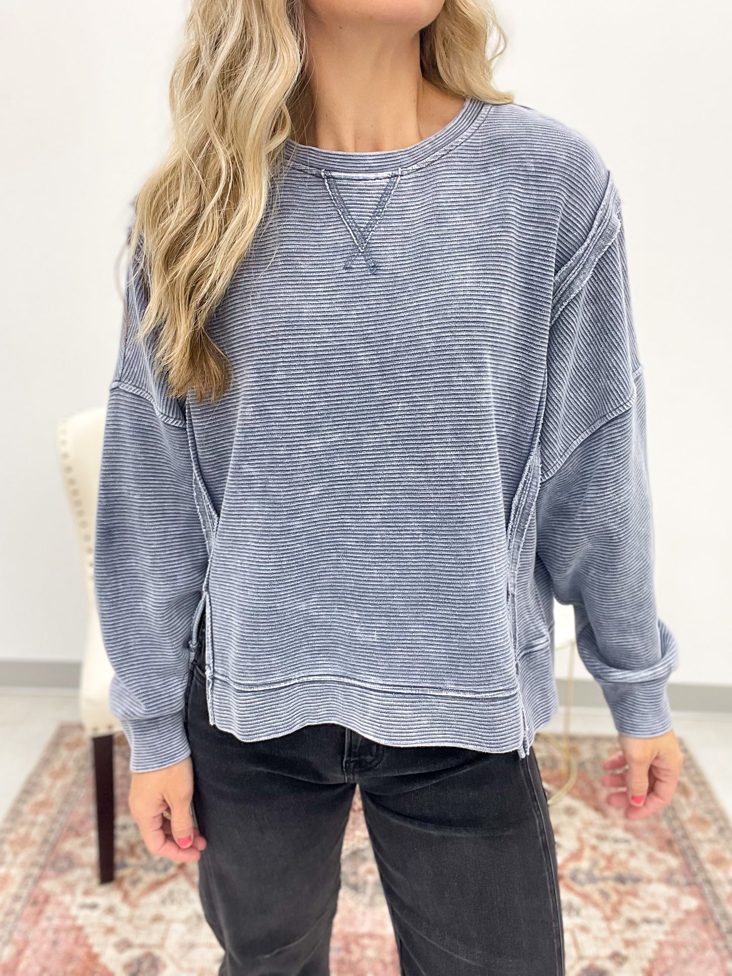 Carry On Washed Exposed Seam Detail Top Blue