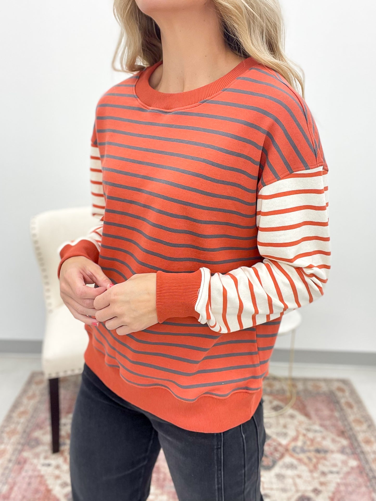 Looking Up French Terry Striped Mix Sweatshirt