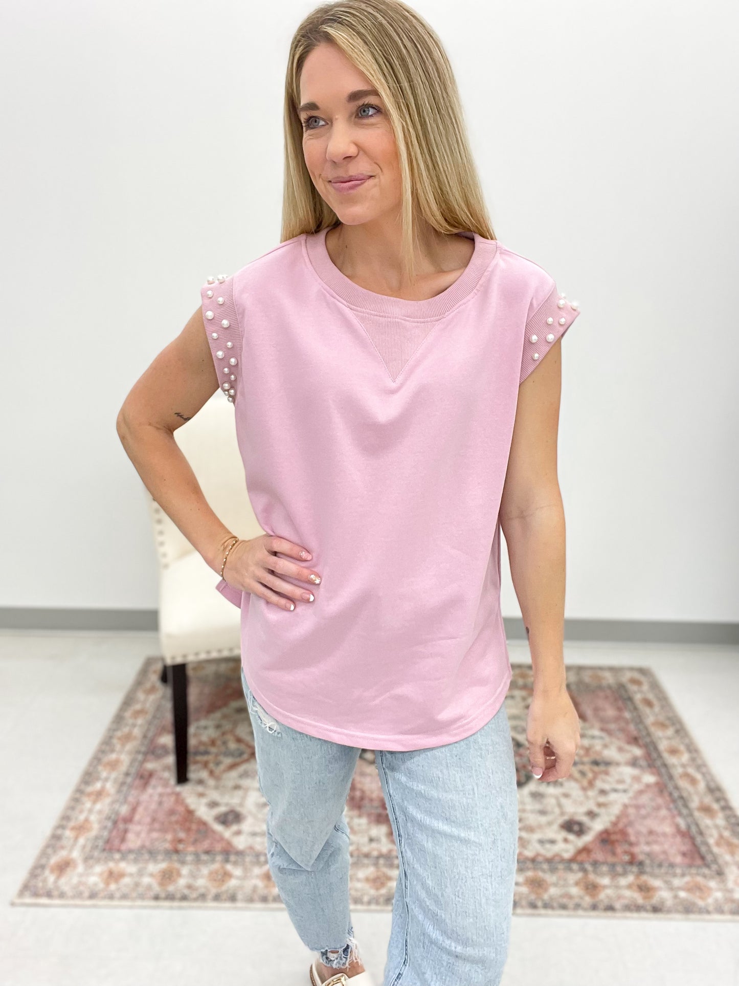 Encore Pearl Sleeve Detail Top Blush