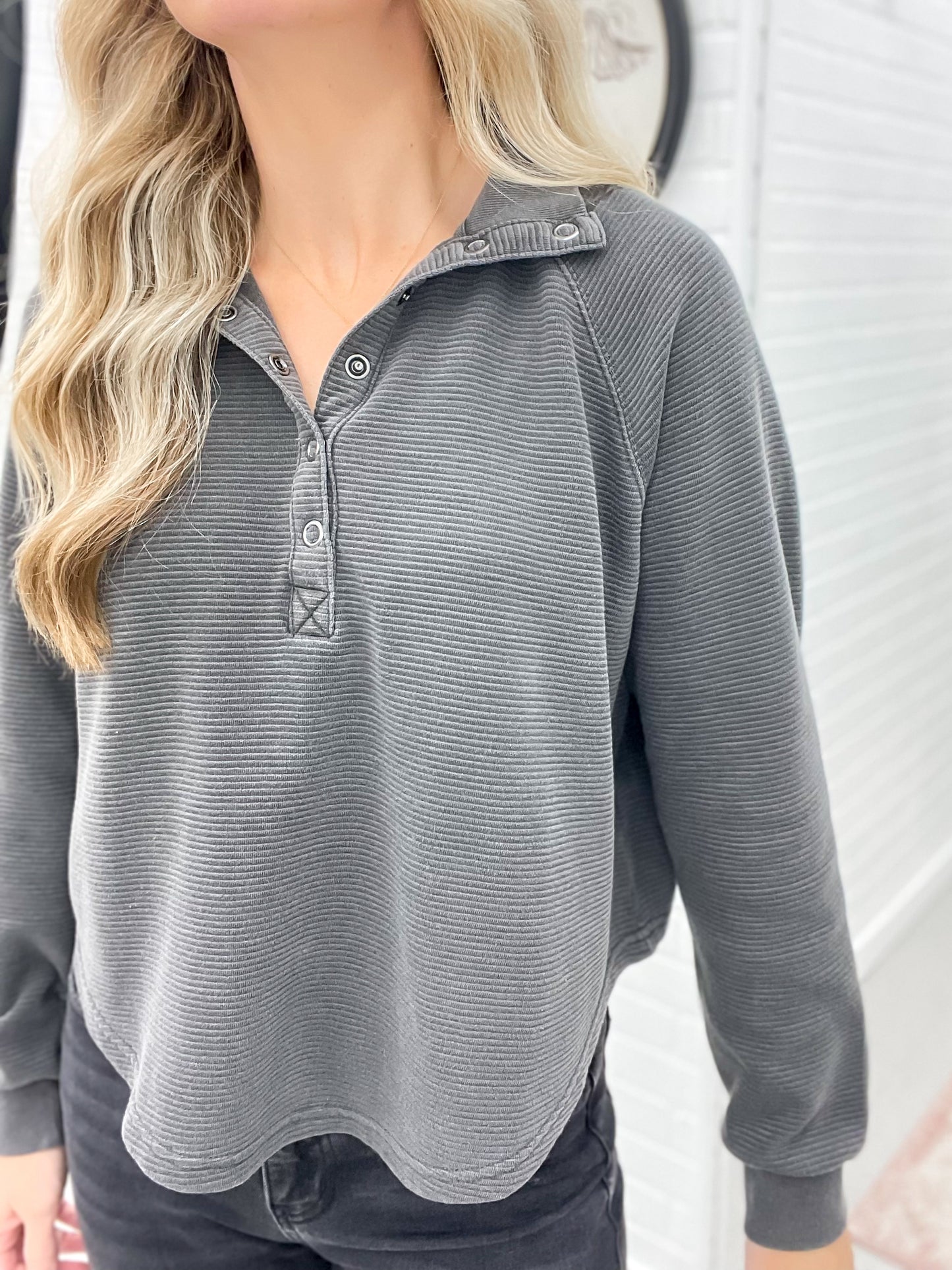 Lucky Us Half Snap Button Ribbed Long Sleeve Top Charcoal