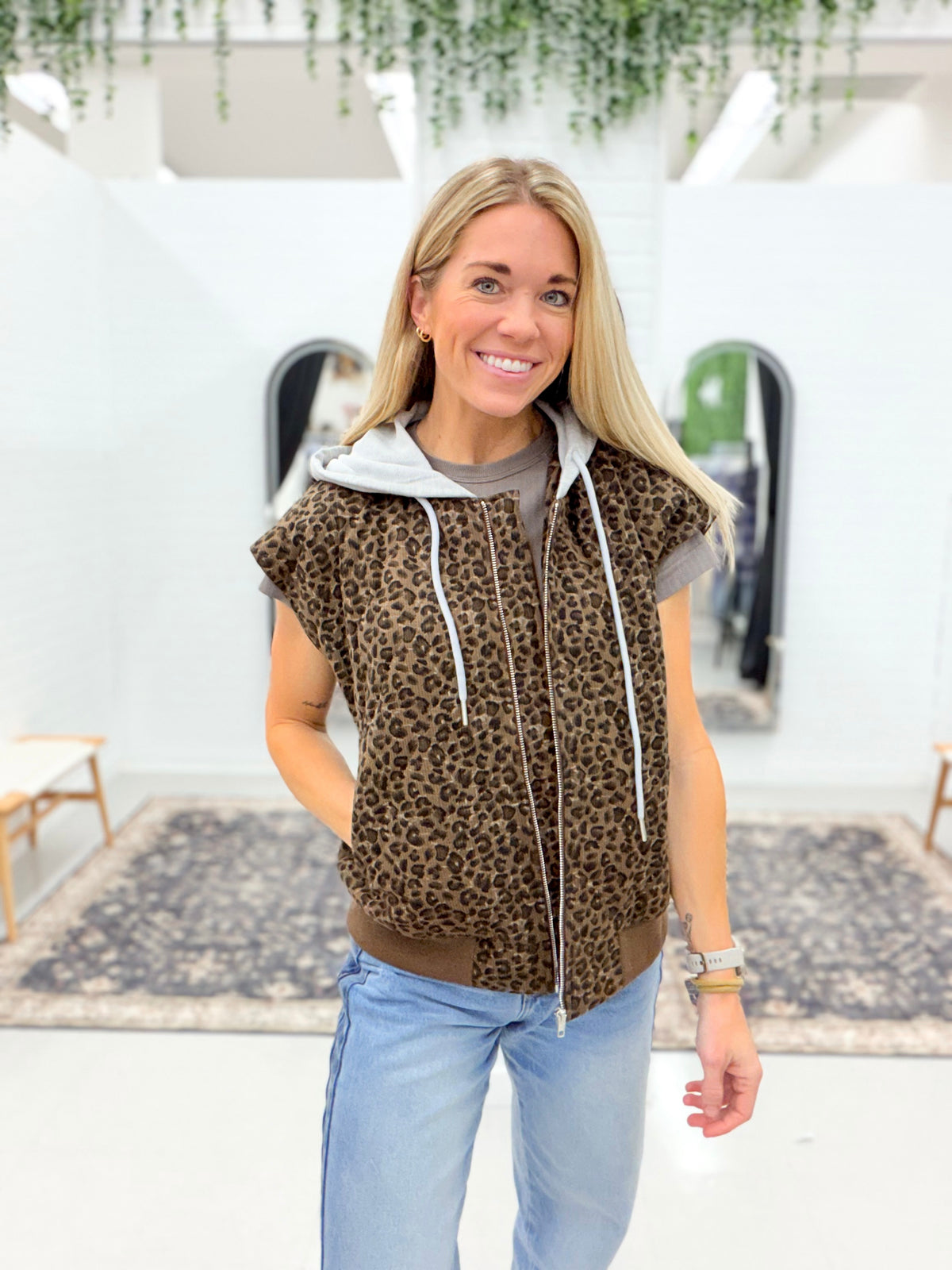 So Chic Leopard Print Hooded Corduroy Vest