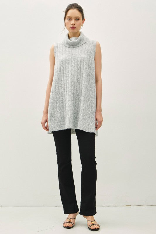 Good Day Cable Knit Cowl Neck Sleeveless Sweater Tunic Gray