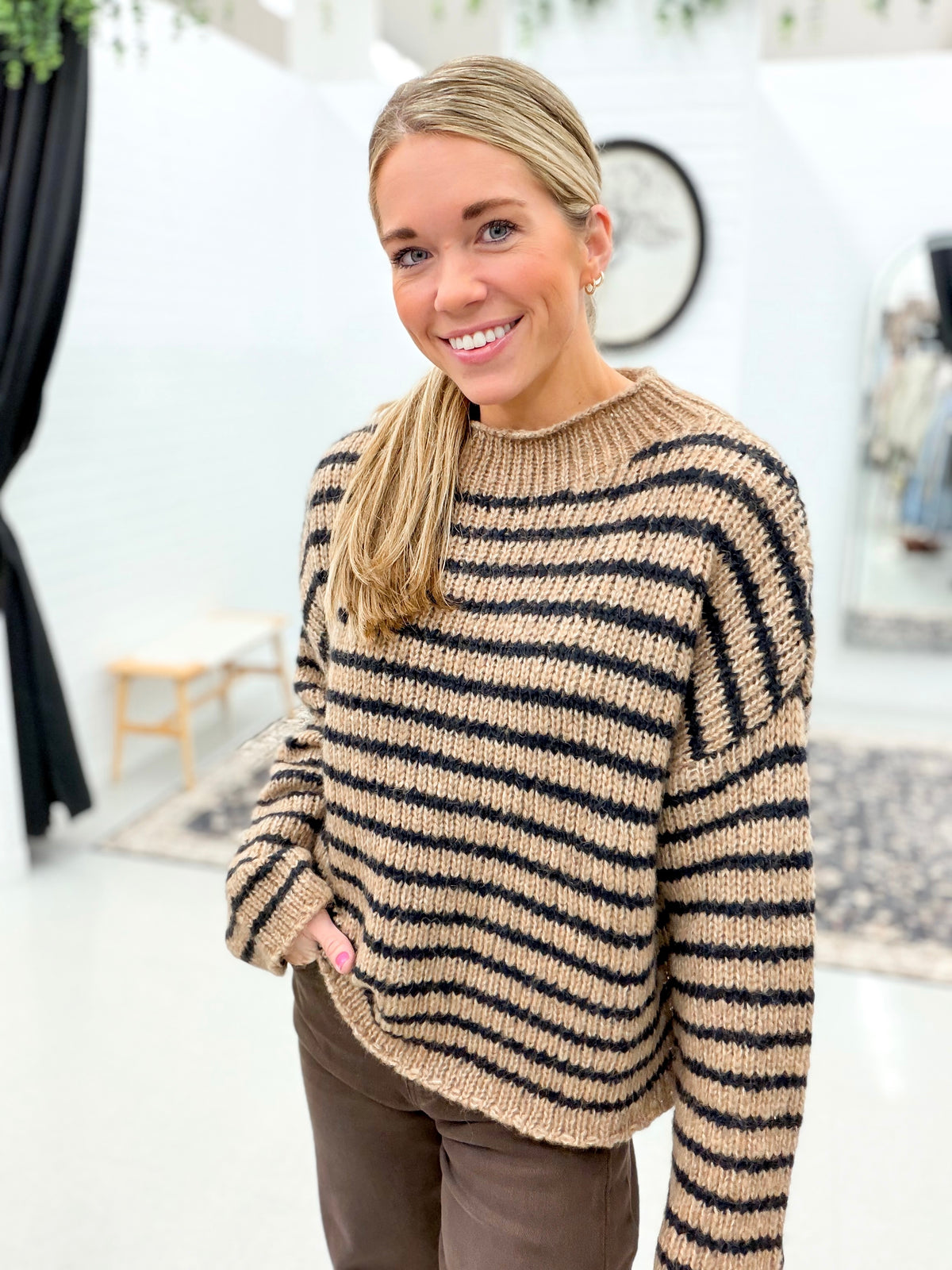 No Regrets Stripe Knit Sweater Camel/Black