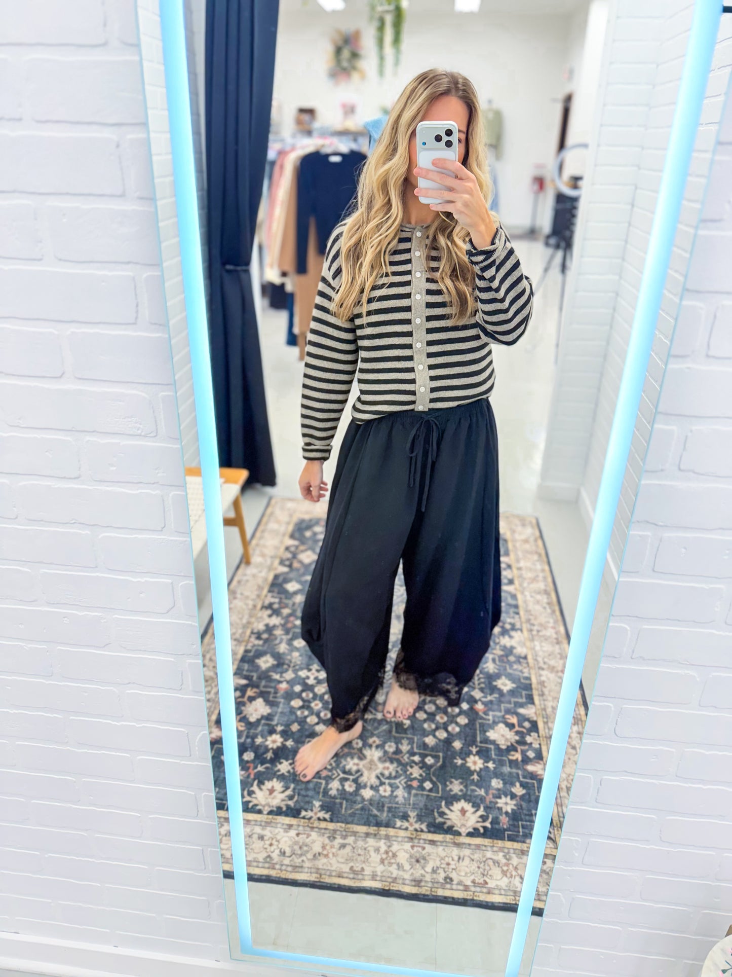 Her Song Flowy Balloon Leg Pants With Lace Trim Black