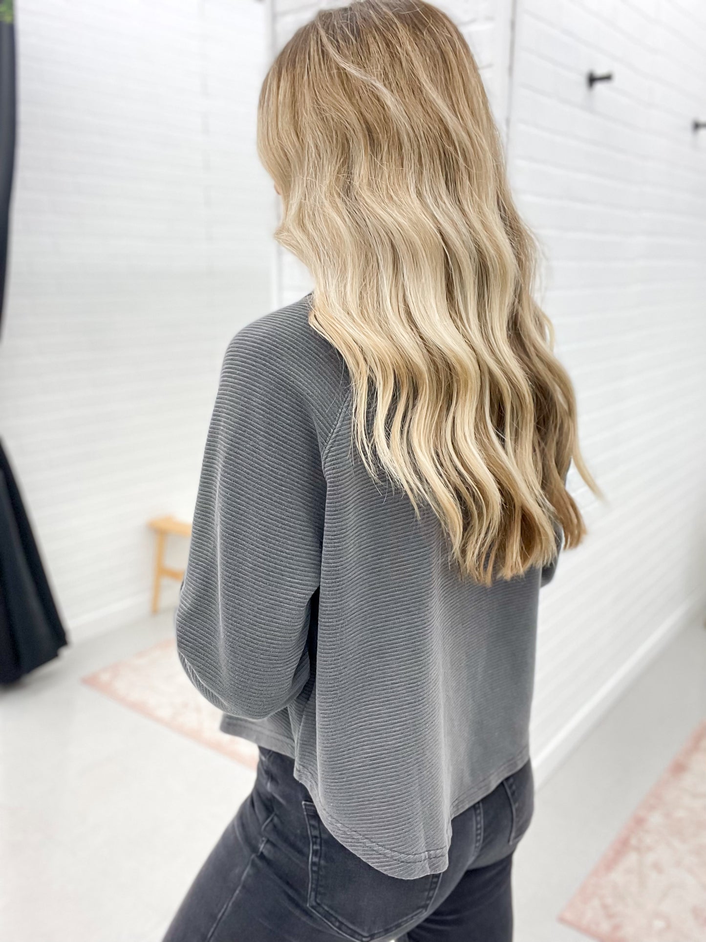 Lucky Us Half Snap Button Ribbed Long Sleeve Top Charcoal