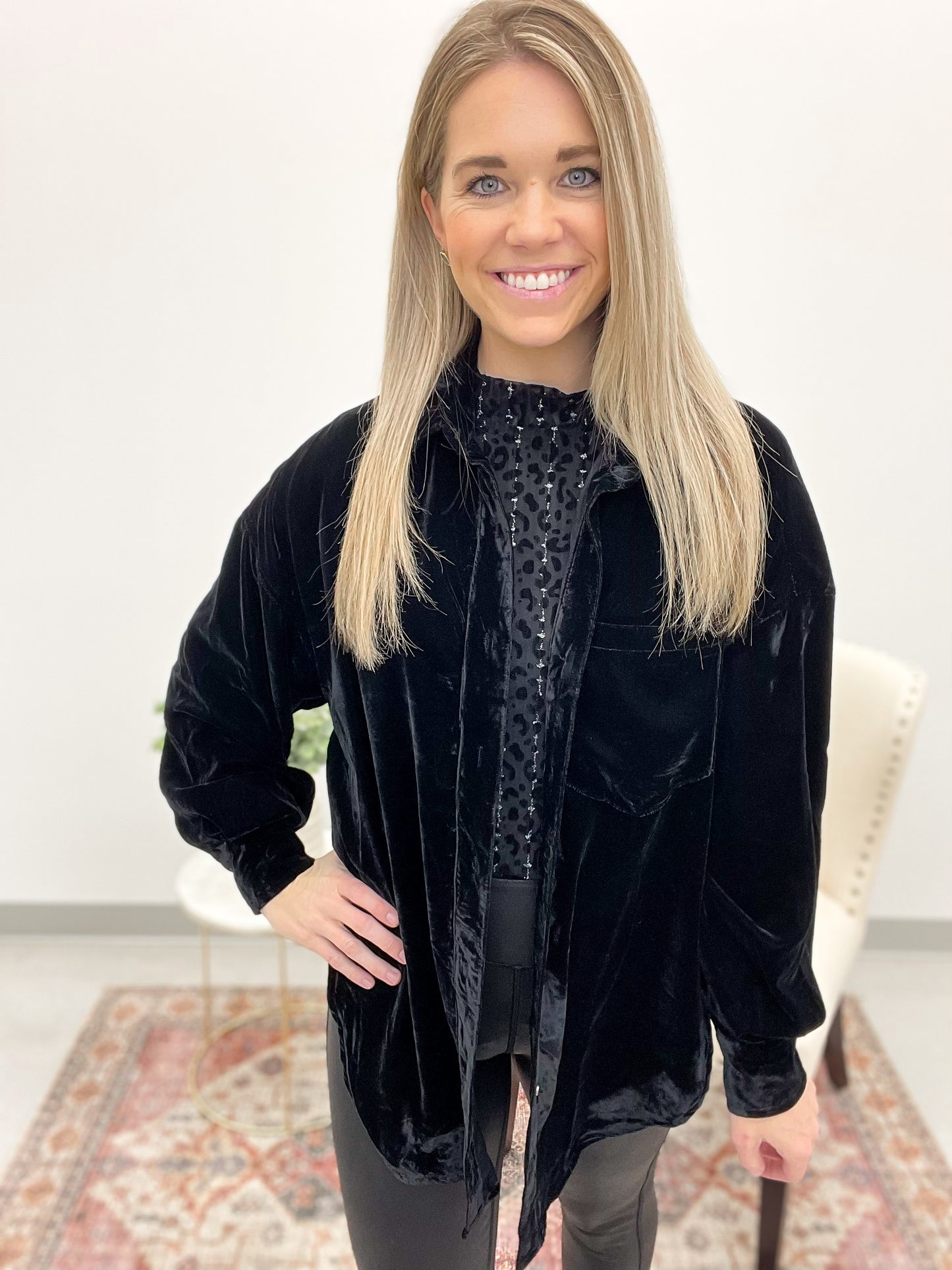 Night Out Velvet Button Down Top Black Small