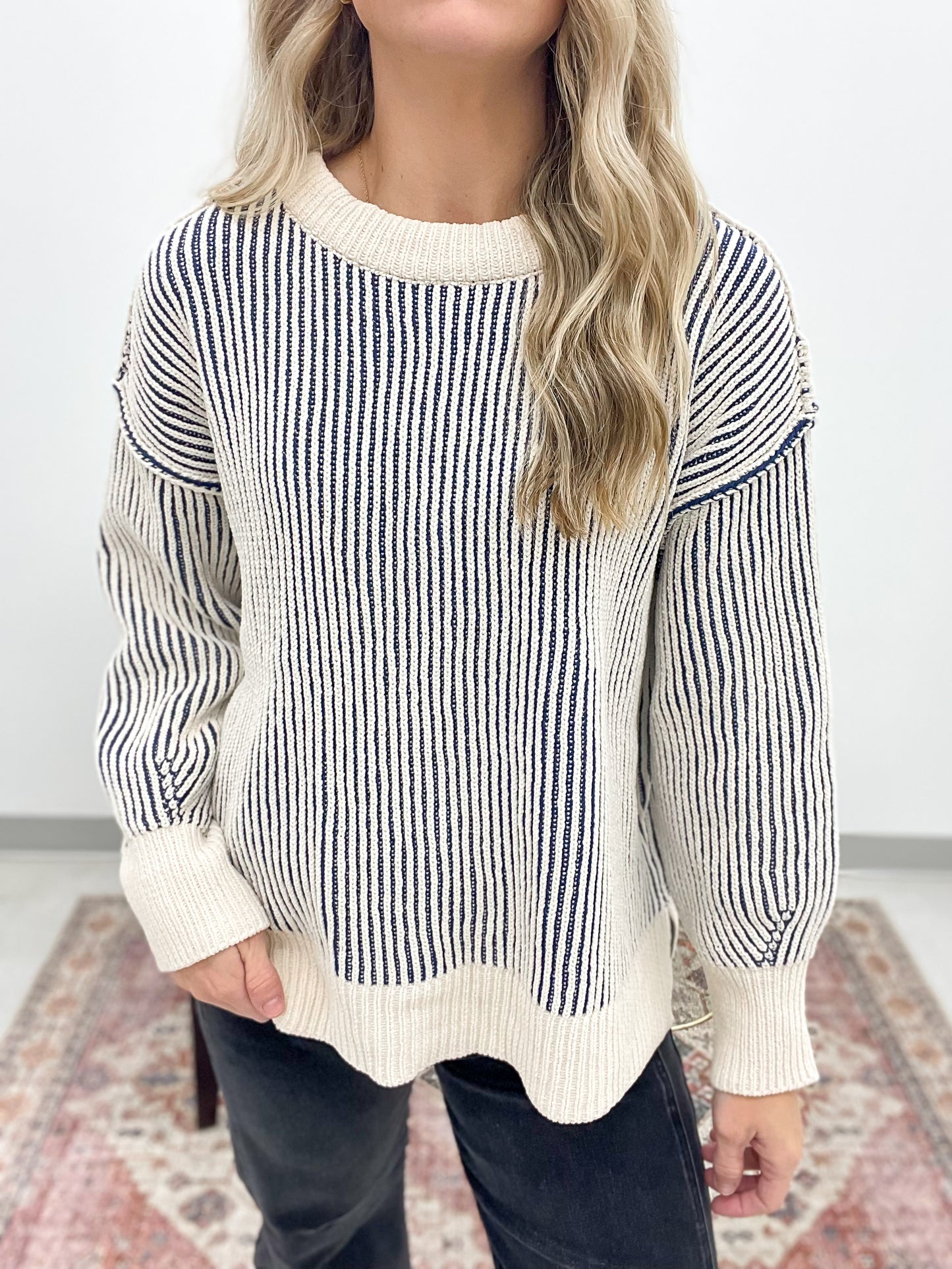 She Will Two-Tone Chenille Crewneck Sweater Navy