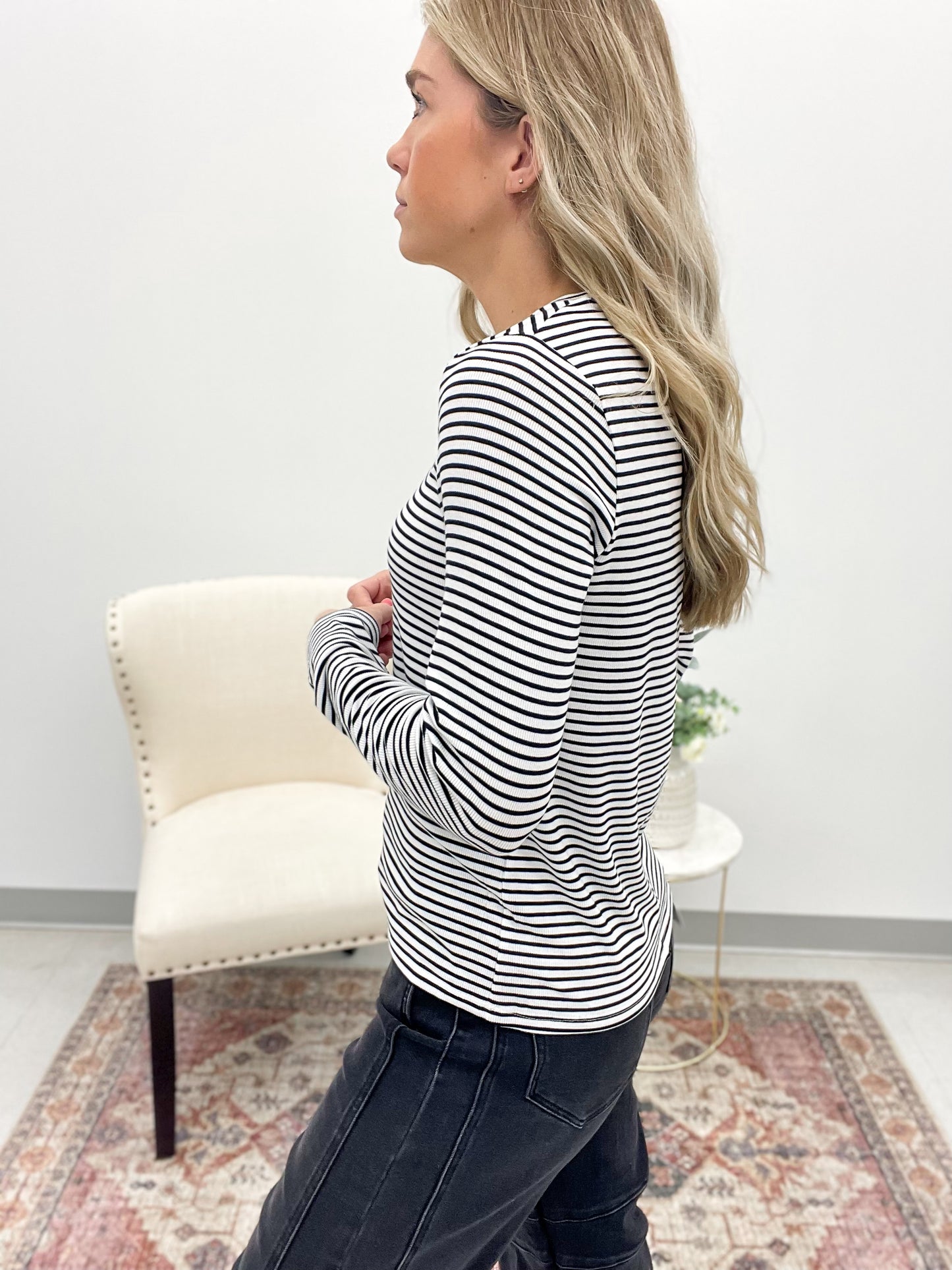 The Lauren Ribbed Top White Black Stripe