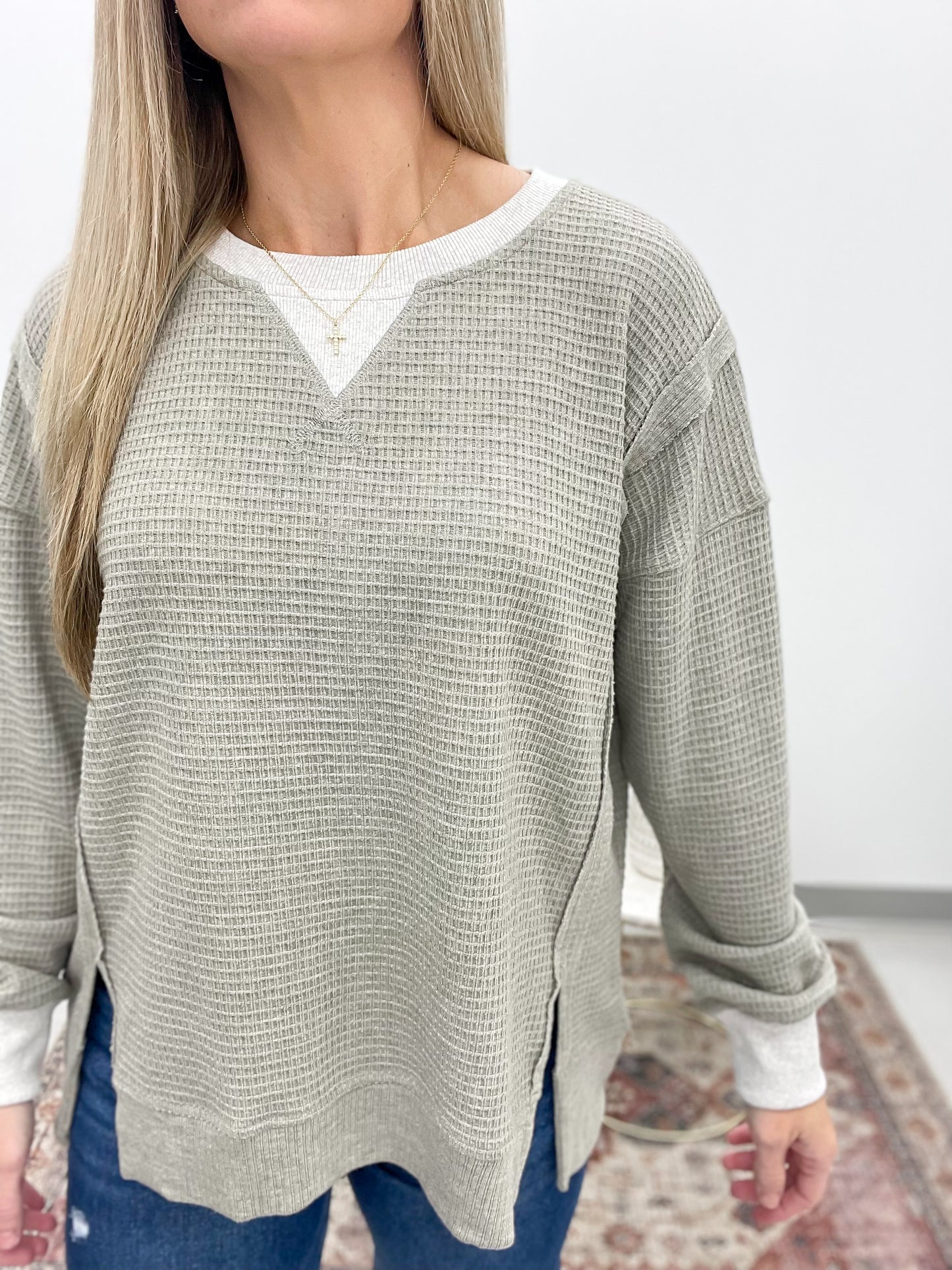 All That Time Brushed Thermal Knit Pullover Olive