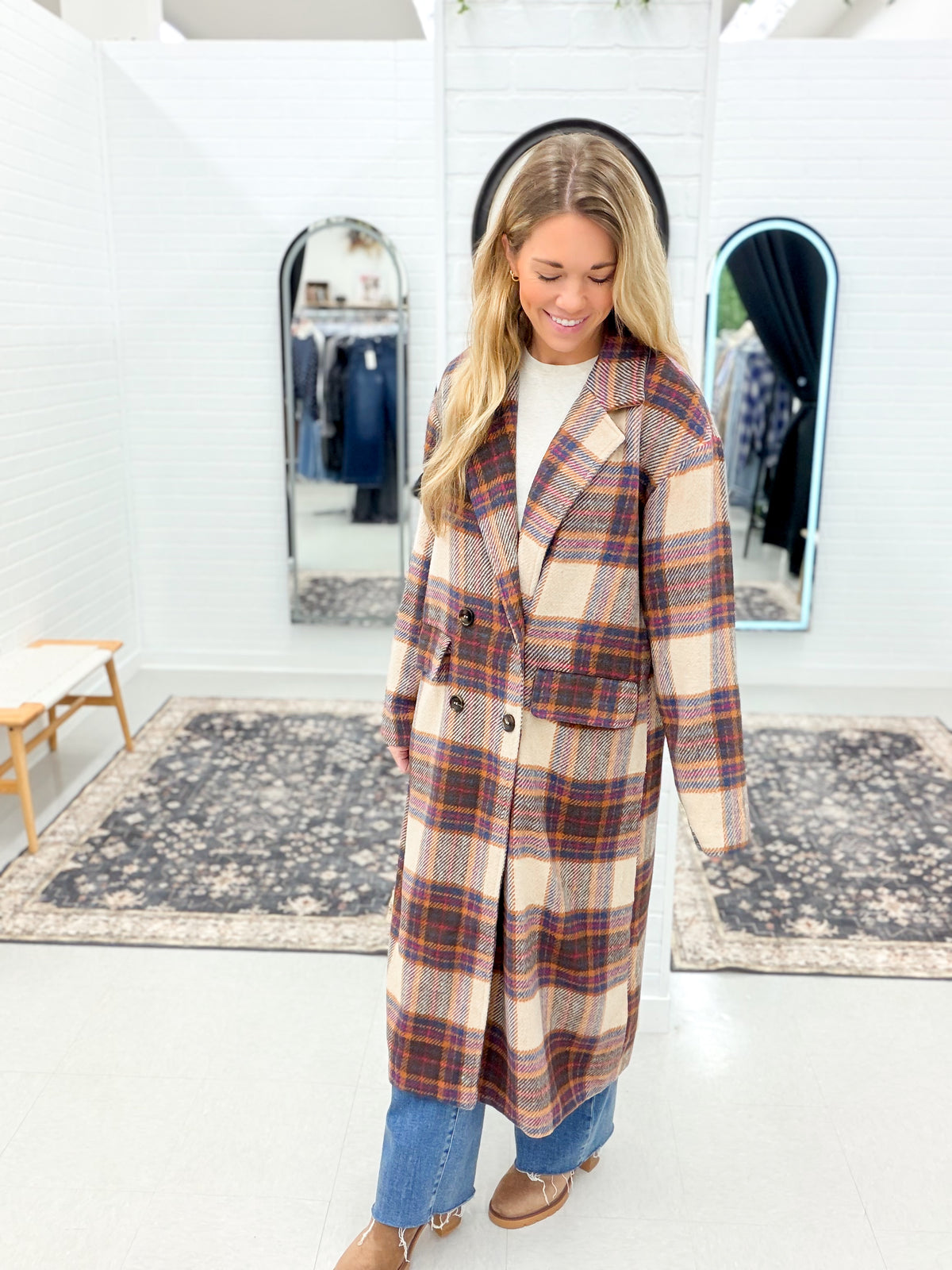 City Lights Multi Color Plaid Long Coat