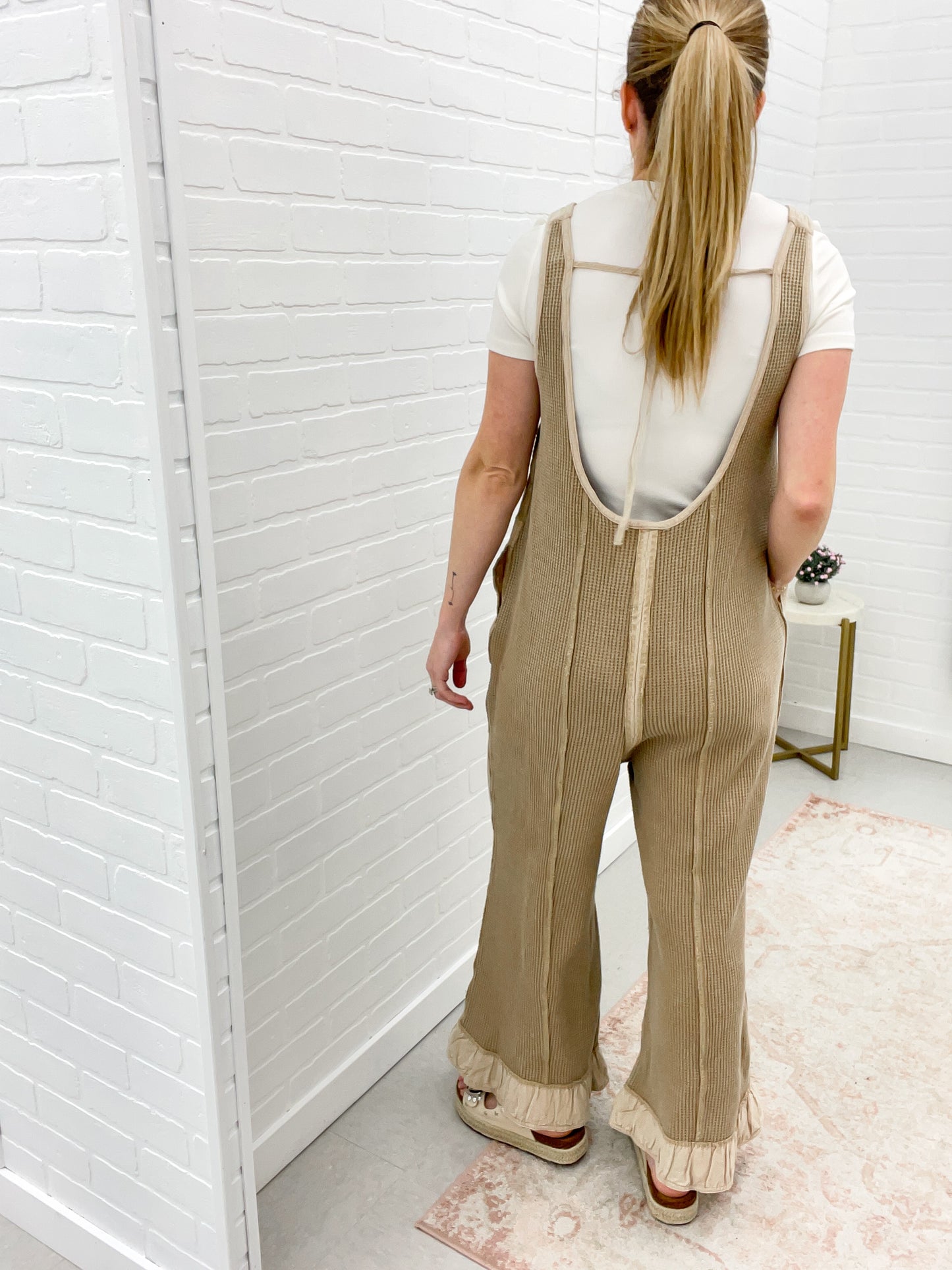 Bye Callie Washed Waffle Knit Jumpsuit Oatmeal