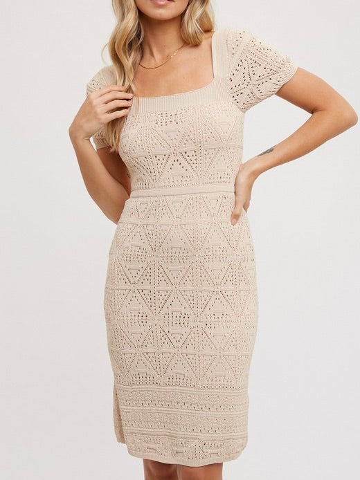Head Over Heels Eyelet Knit Square Neck Dress Natural