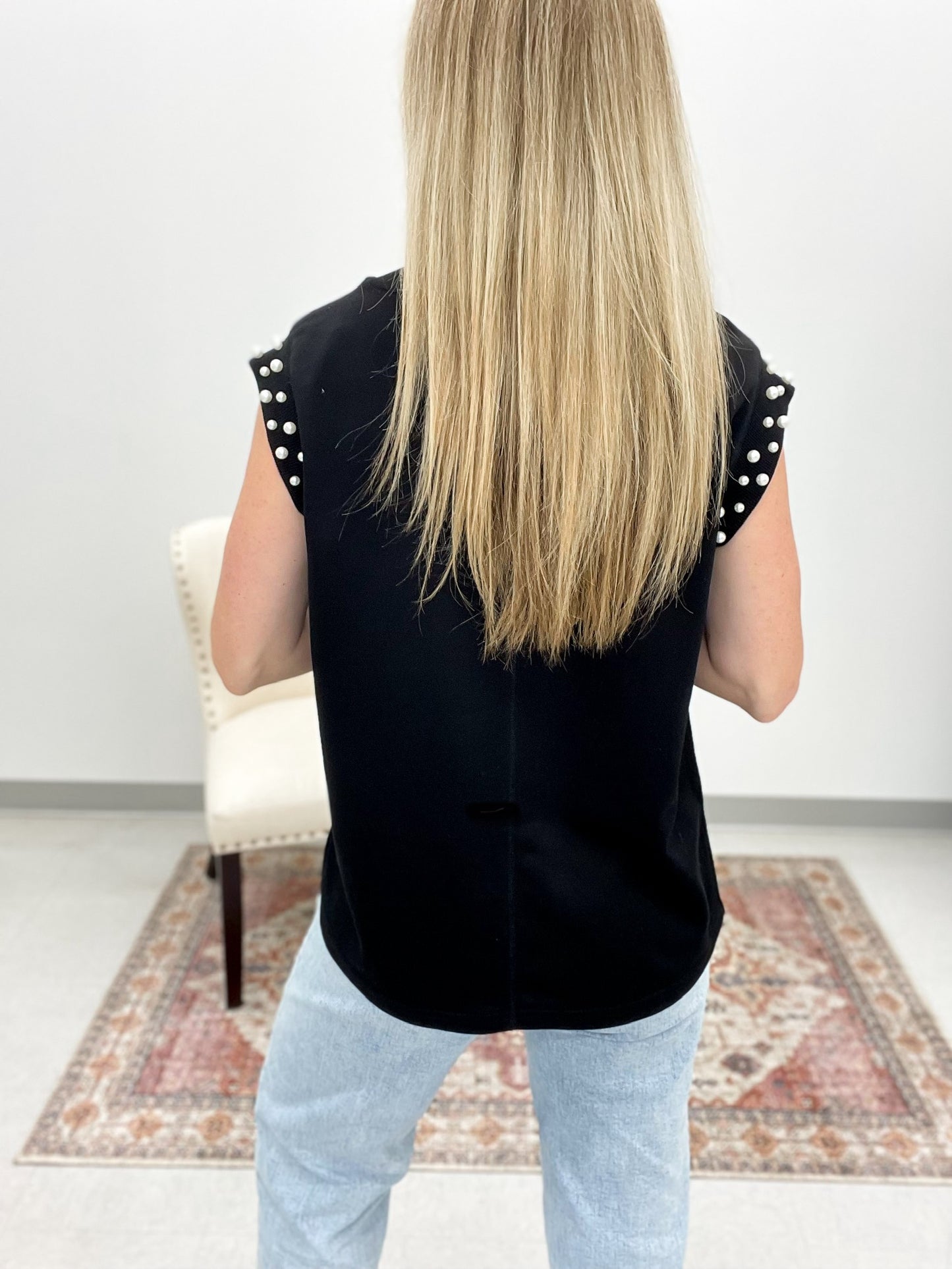 Encore Pearl Sleeve Detail Top Black