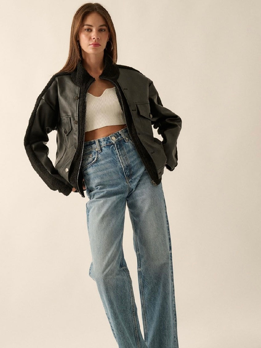 Edgy Chic Contrast Faux Leather Jacket