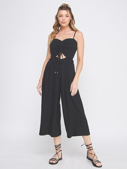 Stay True Linen Drawstring Pinstripe Jumpsuit Black