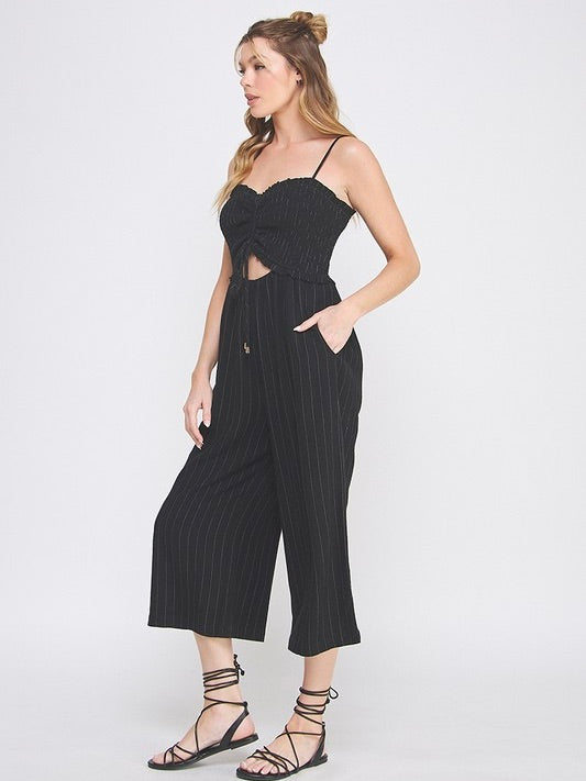 Stay True Linen Drawstring Pinstripe Jumpsuit Black