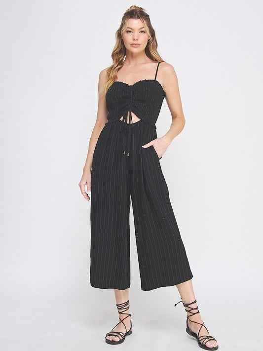 Stay True Linen Drawstring Pinstripe Jumpsuit Black