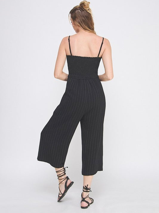 Stay True Linen Drawstring Pinstripe Jumpsuit Black