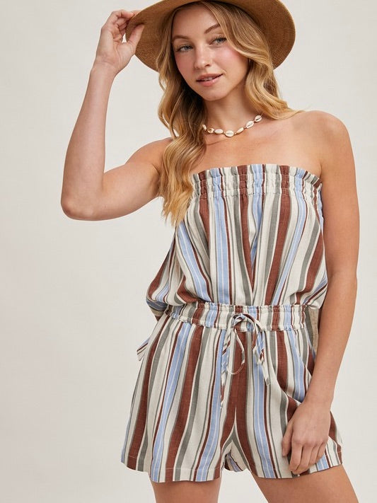 Docked Striped Smocked Top And Shorts Set Brown