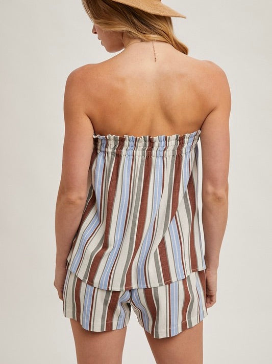 Docked Striped Smocked Top And Shorts Set Brown