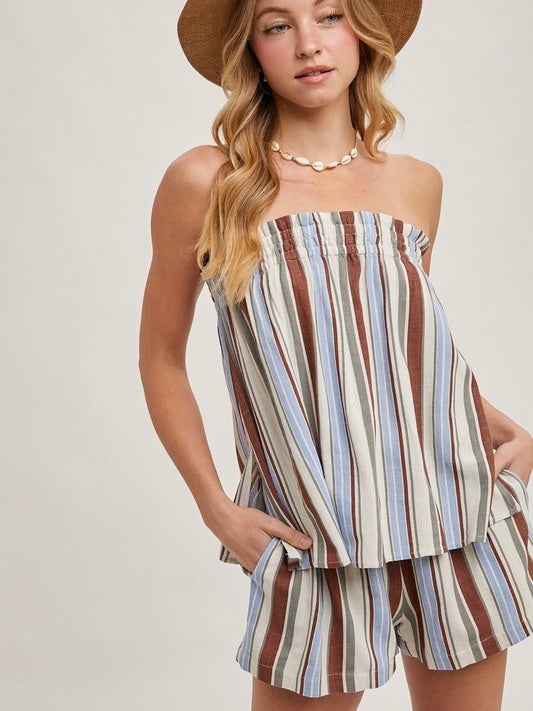 Docked Striped Smocked Top And Shorts Set Brown
