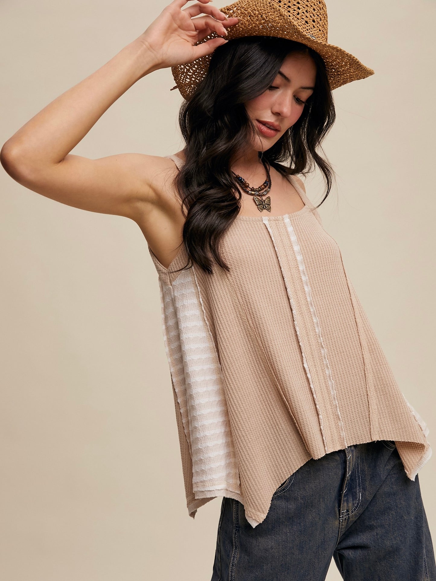 Carry On Contrast Stripe Thermal Tank Taupe