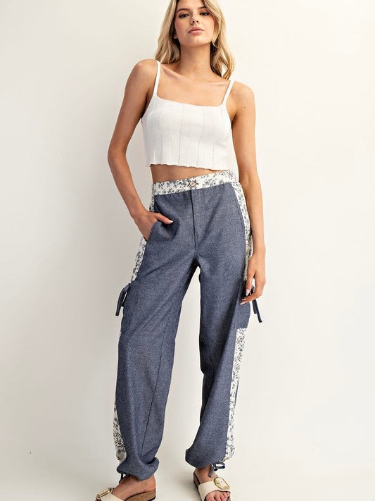 Morning View Washed Floral Contrast Pants Navy