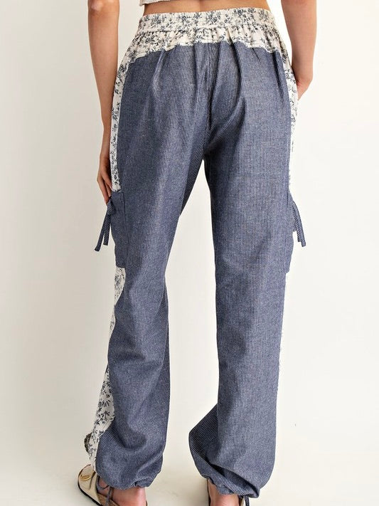 Morning View Washed Floral Contrast Pants Navy