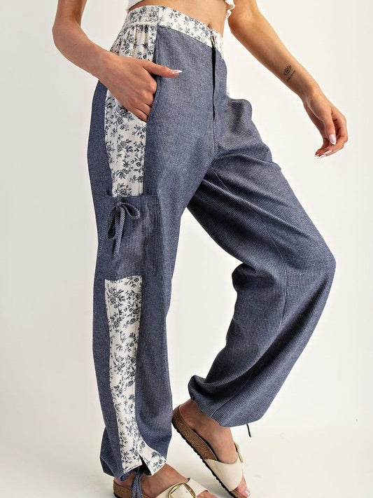 Morning View Washed Floral Contrast Pants Navy