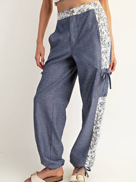 Morning View Washed Floral Contrast Pants Navy