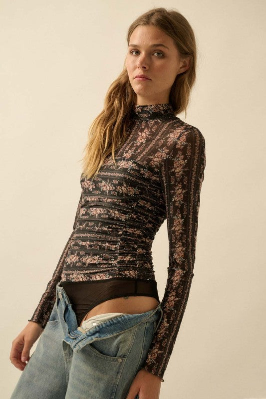Lucky Me Floral Print Mesh Ruched Mock Neck Bodysuit