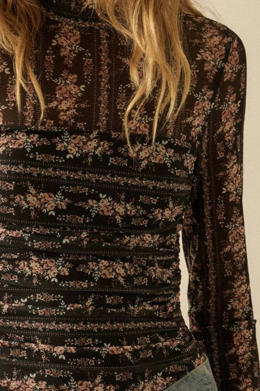 Lucky Me Floral Print Mesh Ruched Mock Neck Bodysuit