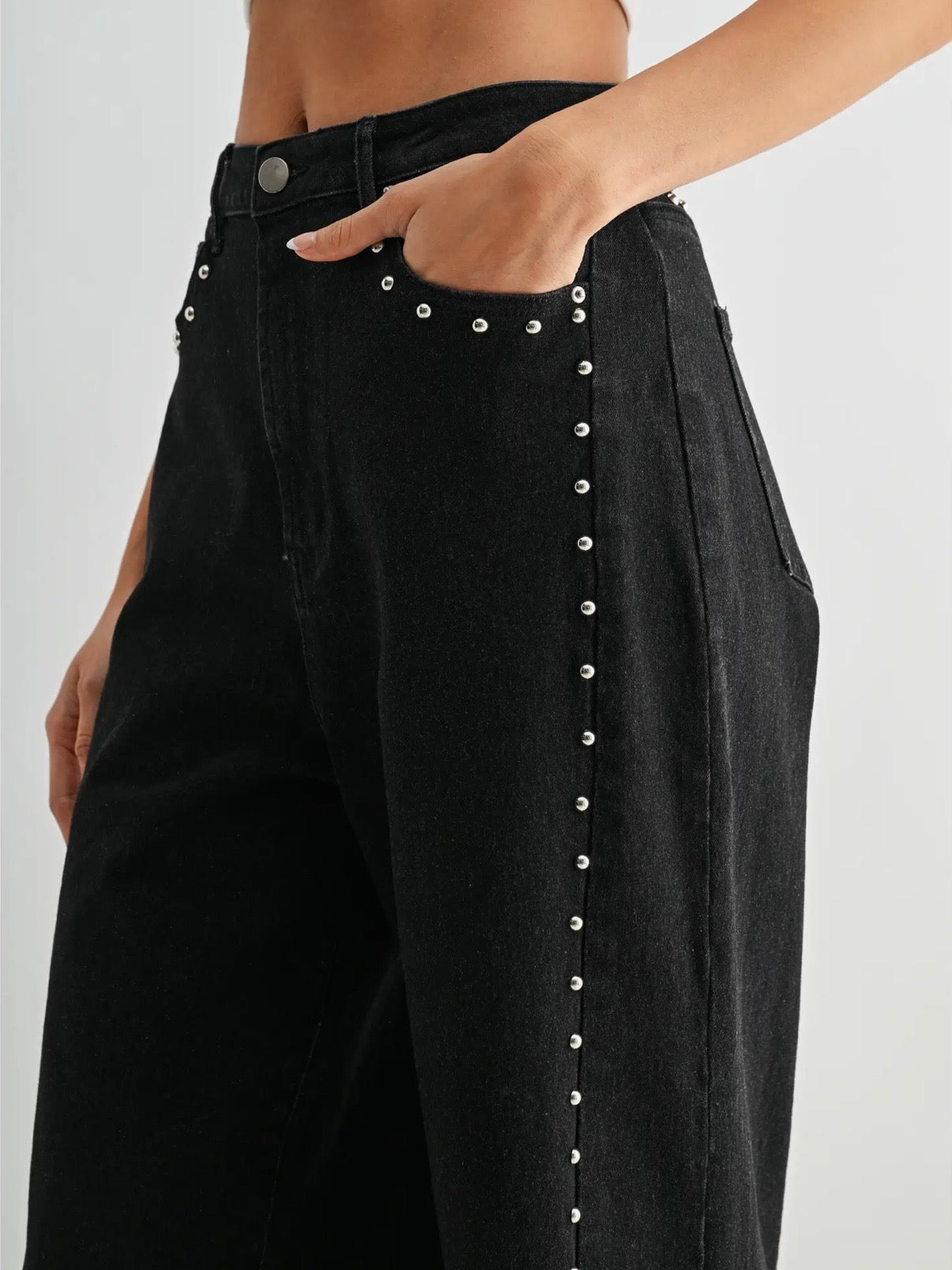 The Leah High Waisted Wide Leg Denim Stud Pants Black