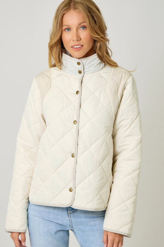 She Meant It Color Block Quilt Padded Jacket Ivory