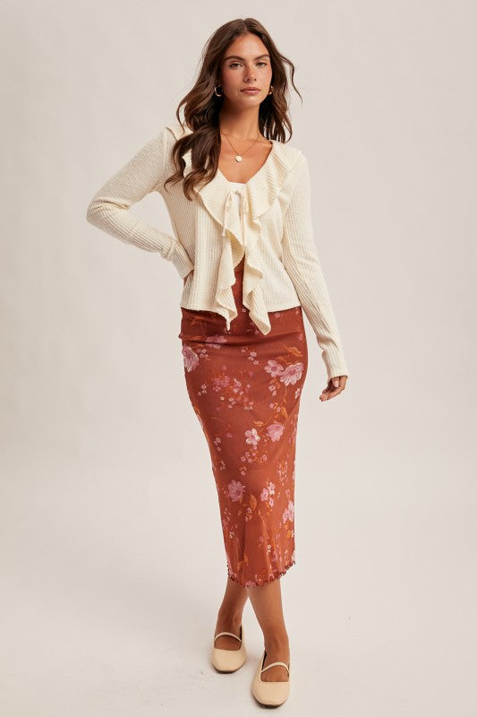 Radiant Ruffle Long Sleeve Ribbed Cardigan Top Ivory