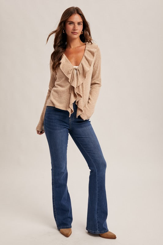Radiant Ruffle Long Sleeve Ribbed Cardigan Top Taupe