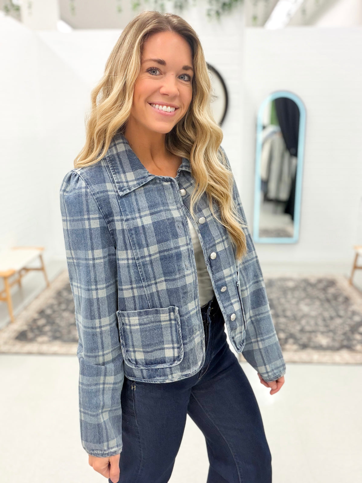 Stay Chic Denim Plaid Button Front Jacket