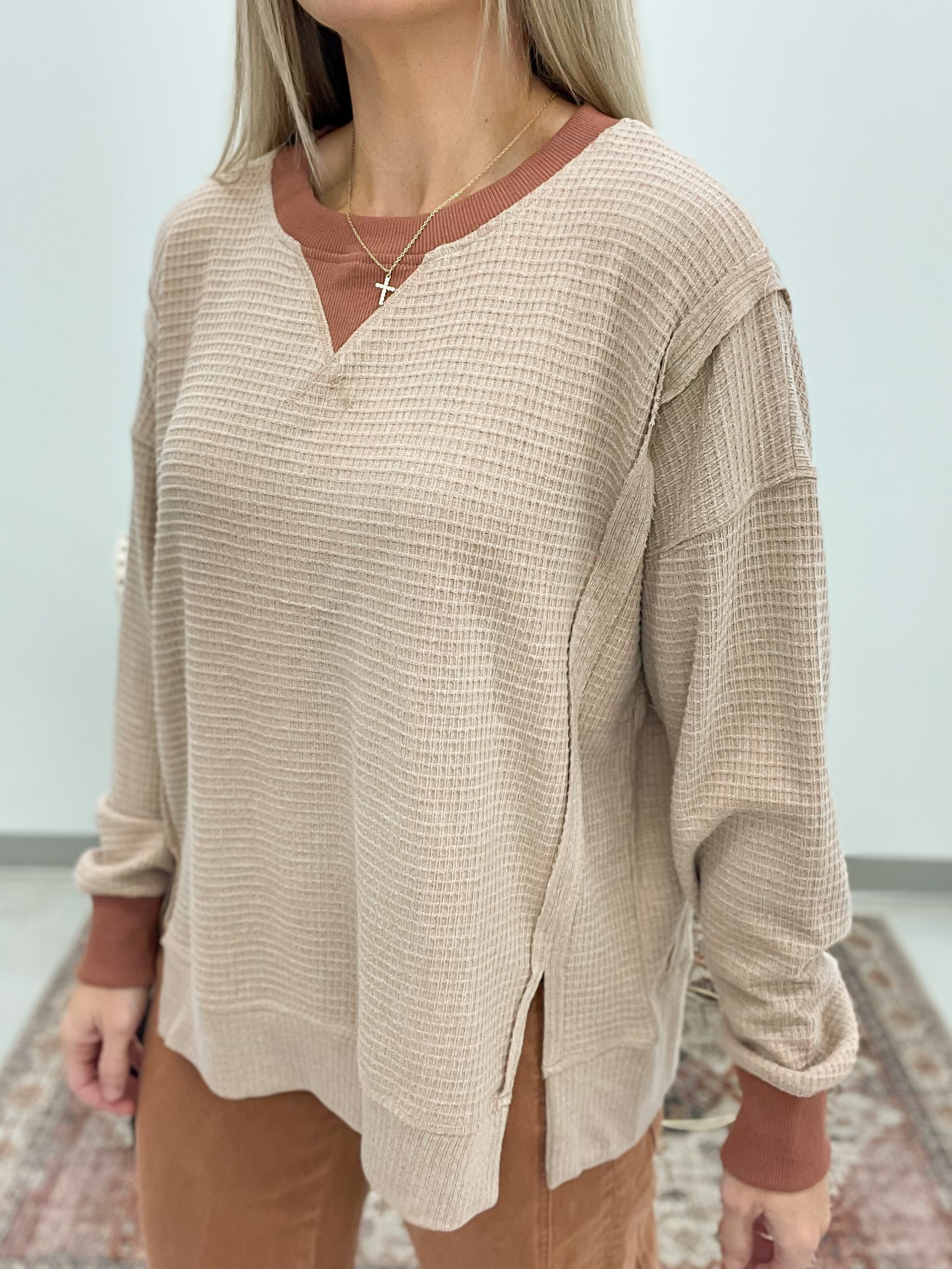 All That Time Brushed Thermal Knit Pullover Rust