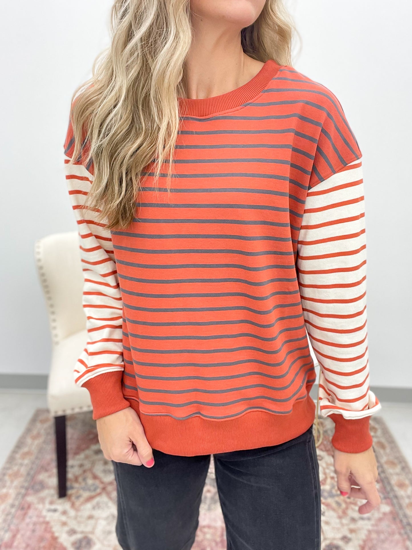Looking Up French Terry Striped Mix Sweatshirt