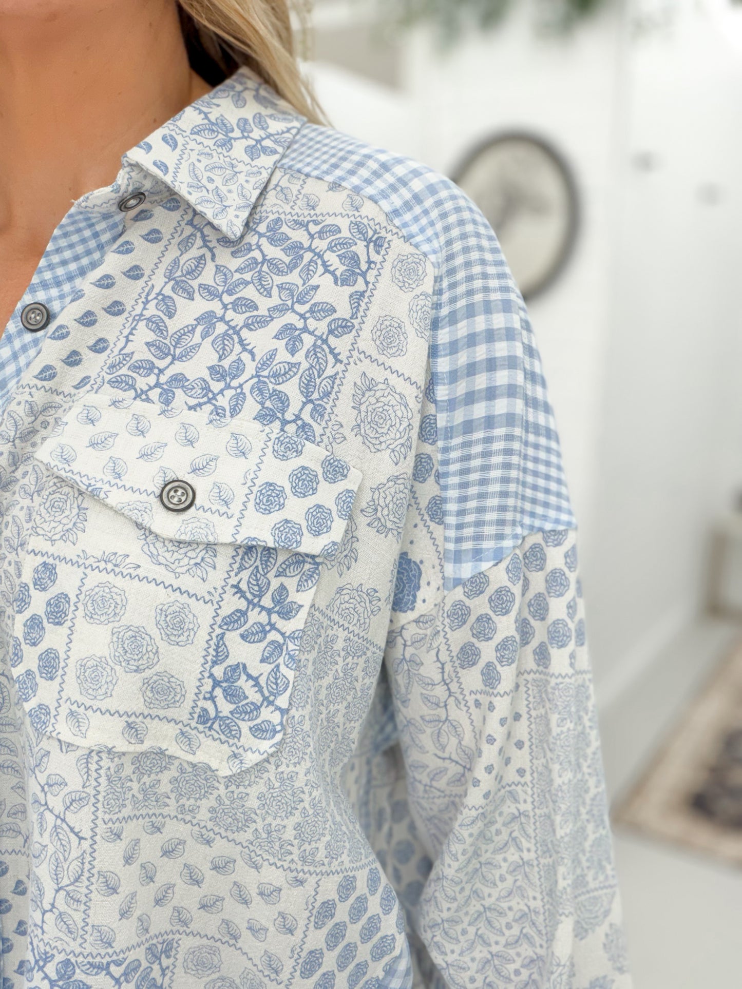 Love Me Now Mixed Fabric Button Down Top Blue