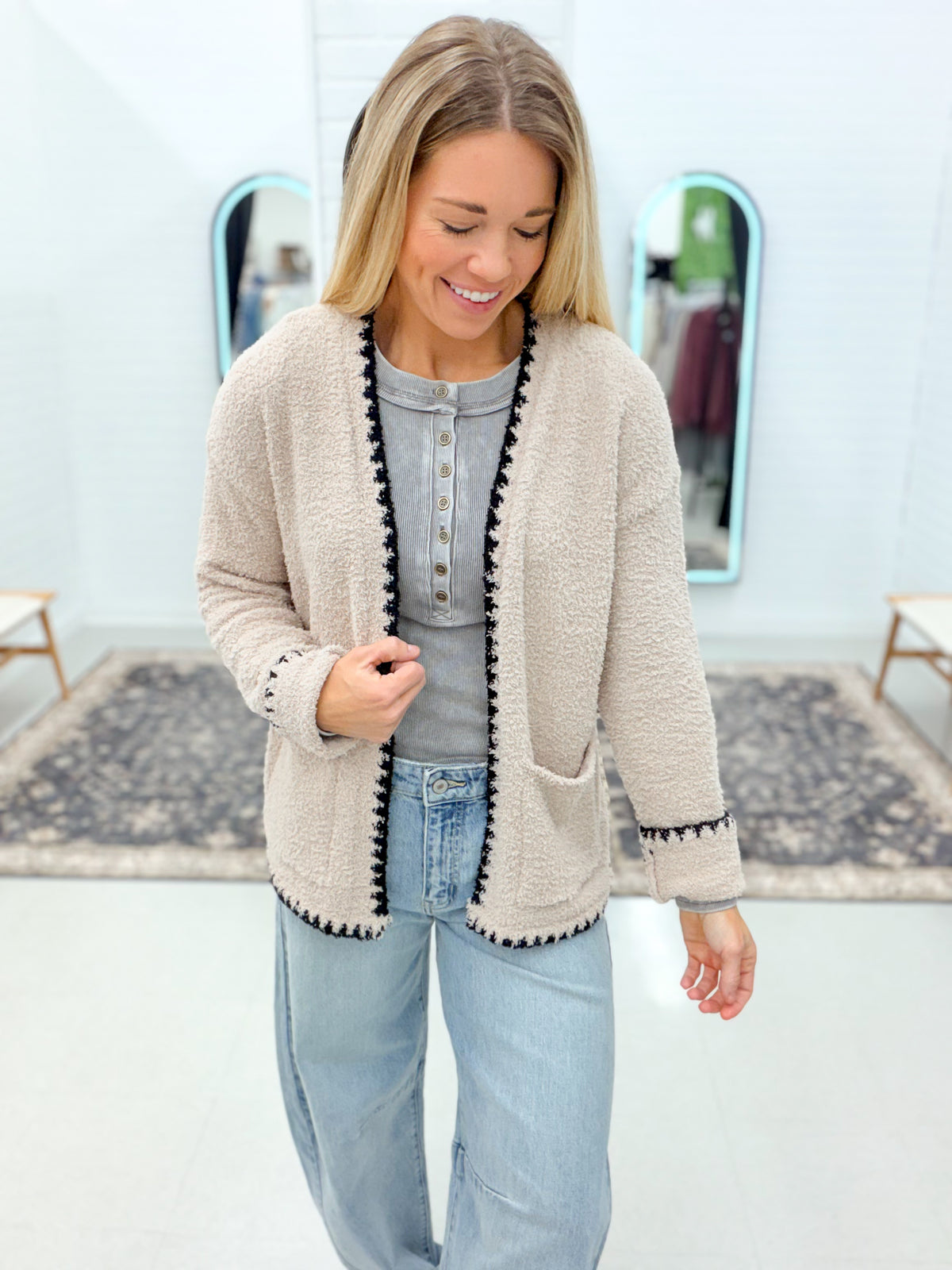 Good Intention Cozy Blanket Stitch Cardigan Ecru