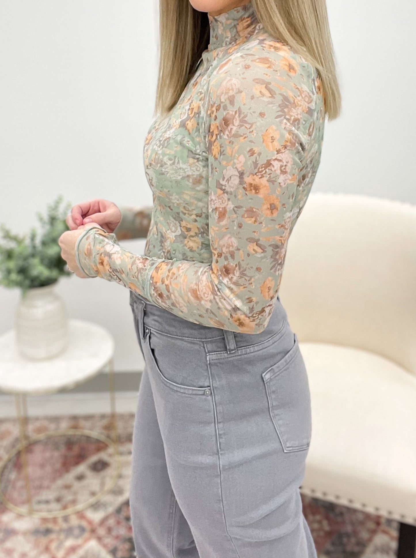 The Iris Floral Mesh Top Mint Small