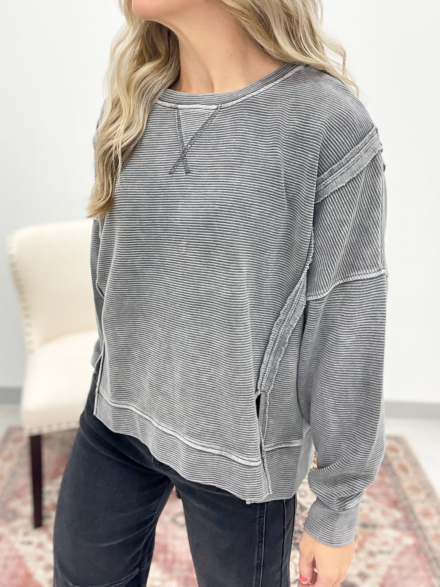 Carry On Washed Exposed Seam Detail Top Charcoal