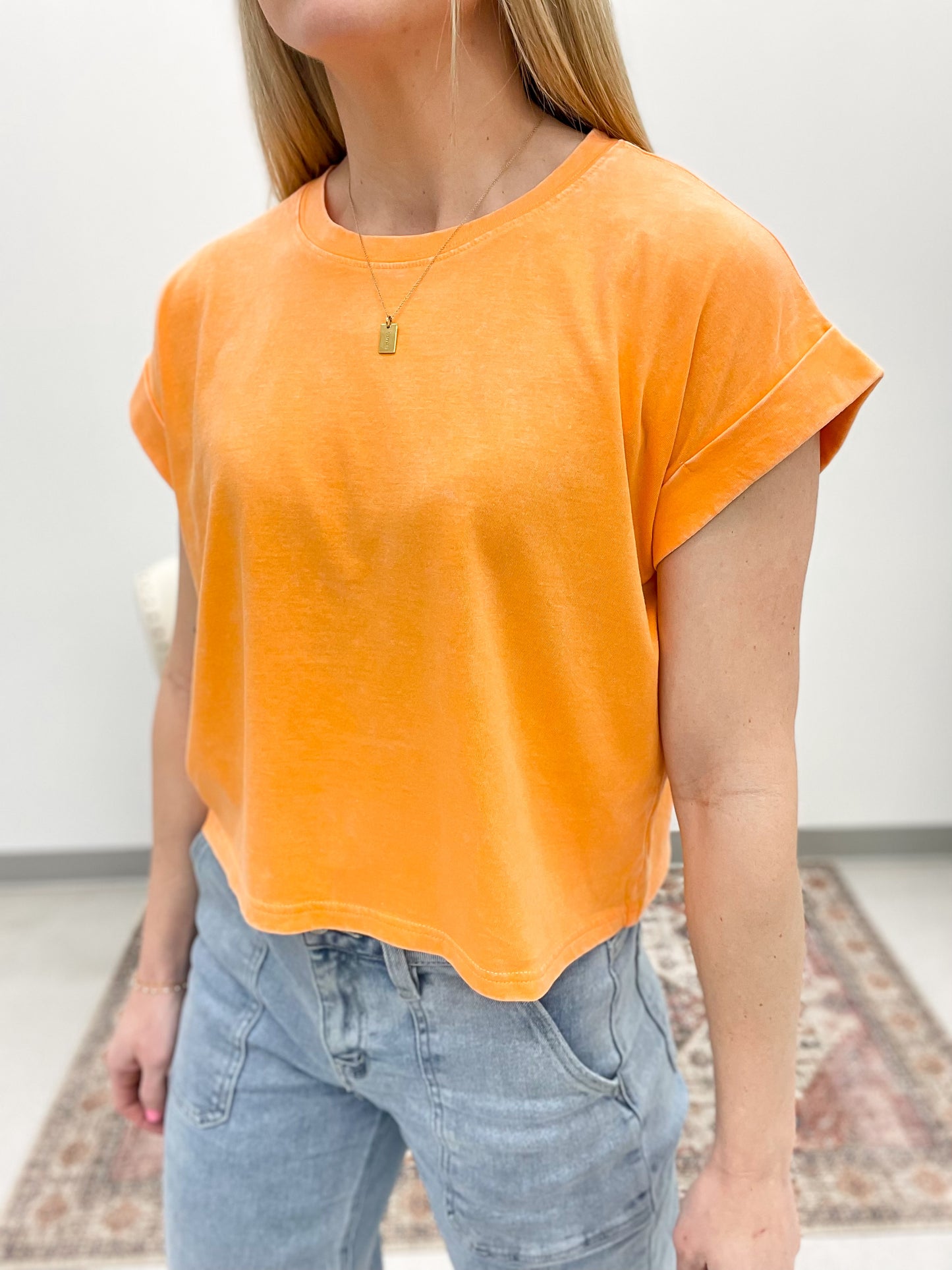 Laid Back Mineral Wash Cuffed Top Orange