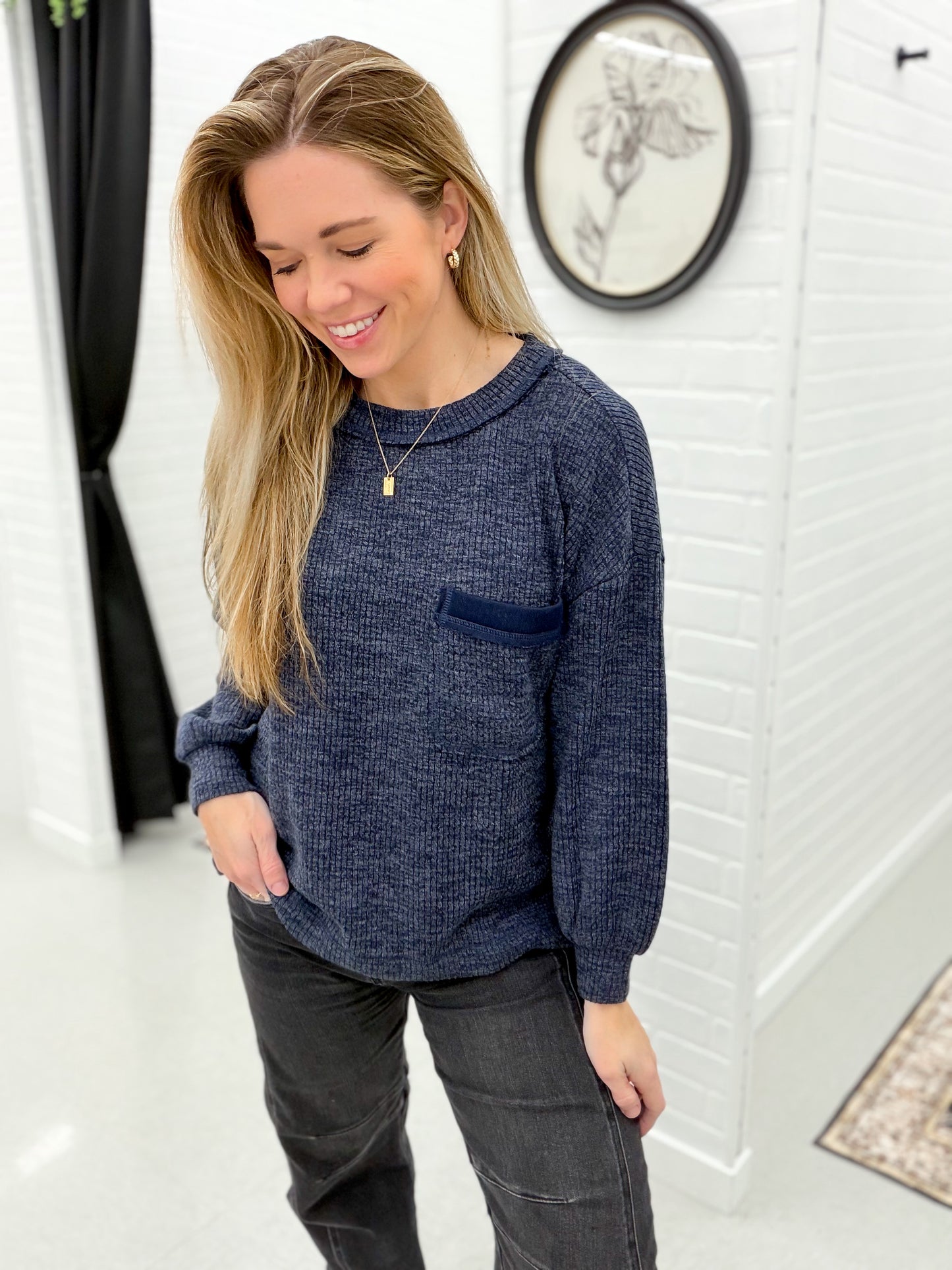 Last Year Ribbed Pocket Detail Knit Top Navy