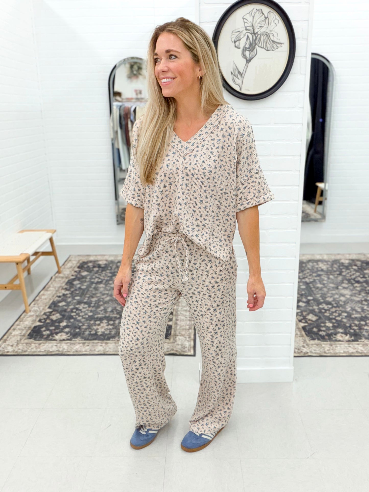 Last Night Ditsy Floral Ribbed Lounge Set Blush/Blue