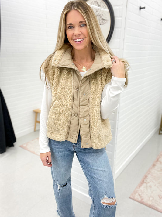 Gone Too Fast Sherpa Vest Tie-Up Side Detail Tan